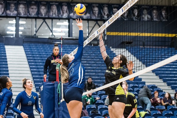 Caroline makes a play at the net in volleyball