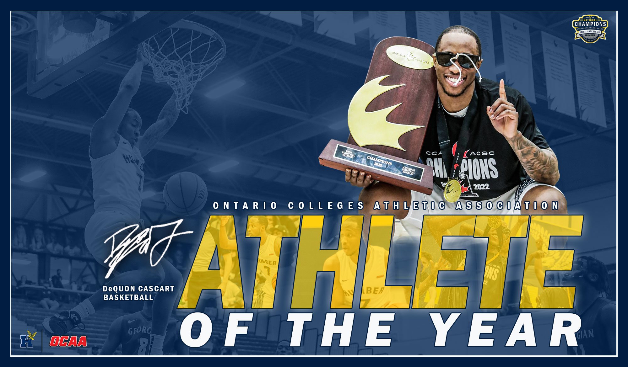 DeQuon Cascart holding the national championship trophy with the words Athlete of the Year