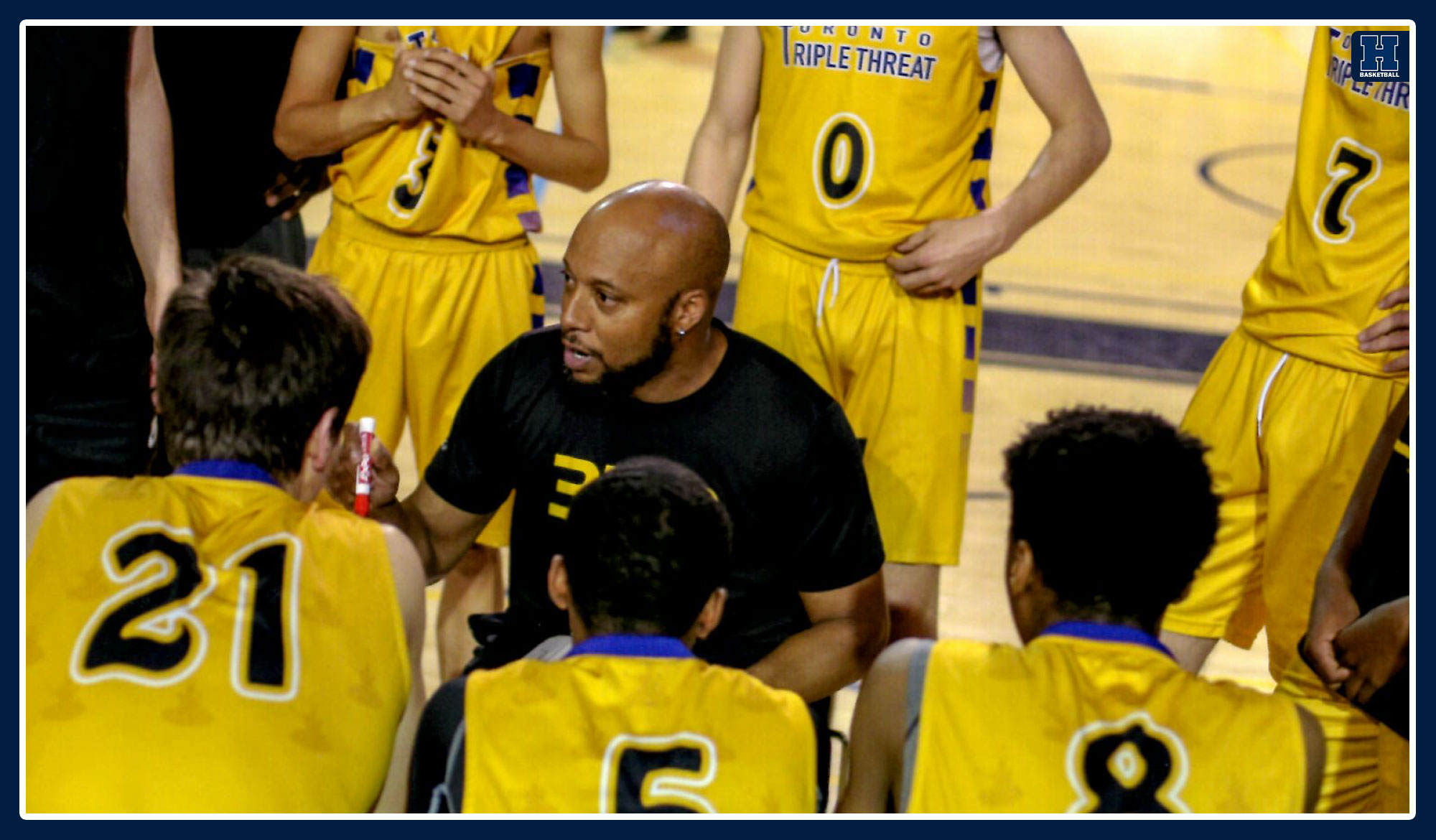 Dave Bethune with his players listening to in-game adjustments. 