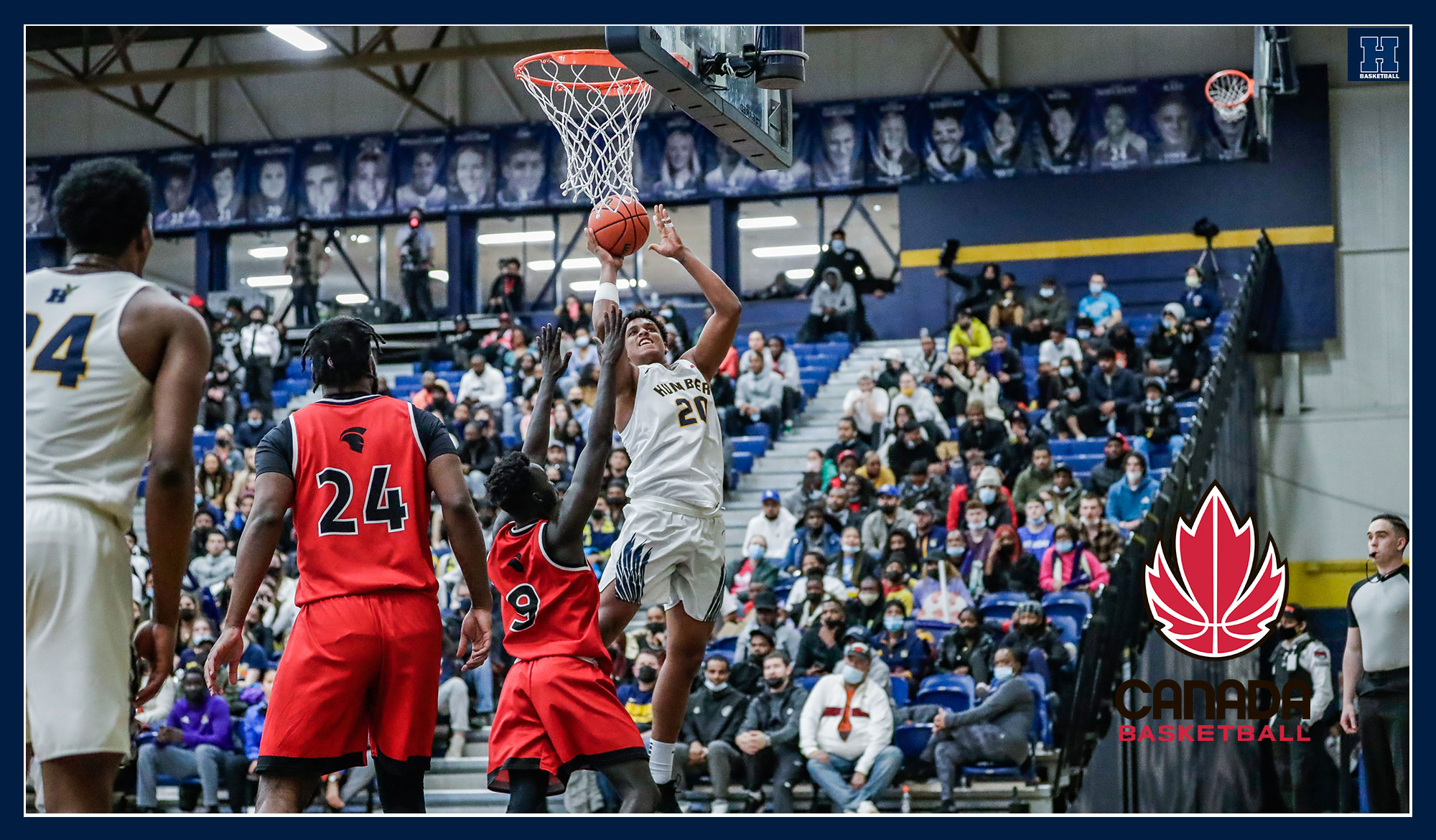 Frank Mitchell shoots over top of a SAIT defender in the 2022 CCAA semifinal game.
