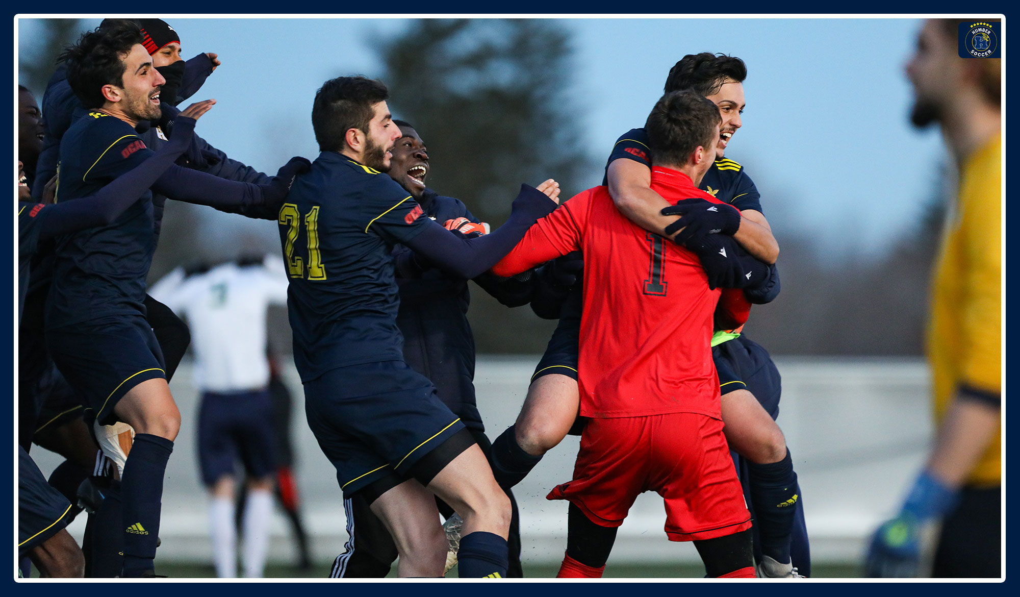 Men's soccer celebrate winning the semifinal in penalty shootout