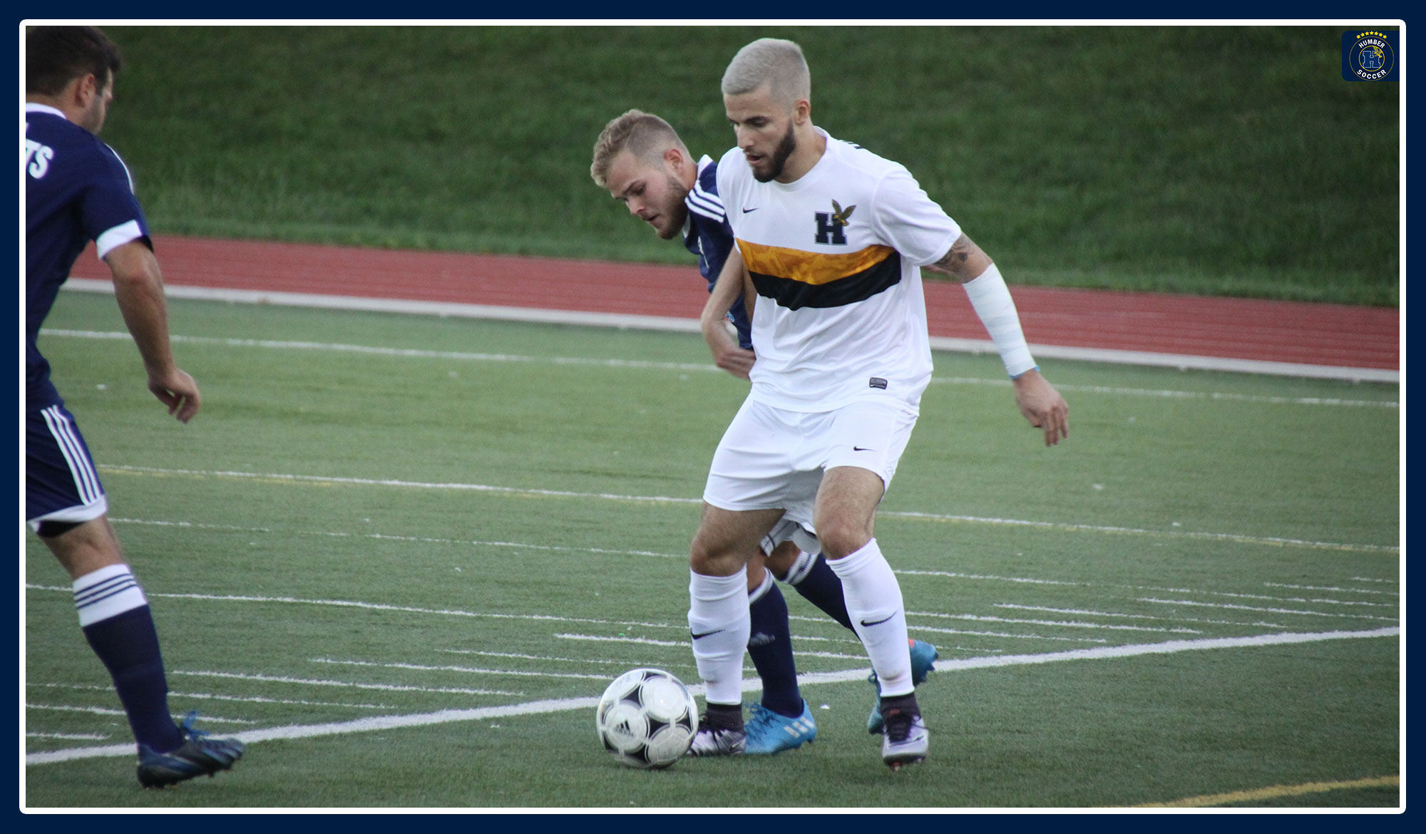 Nunes battling for a ball against Niagara in 2016 OCAA action.