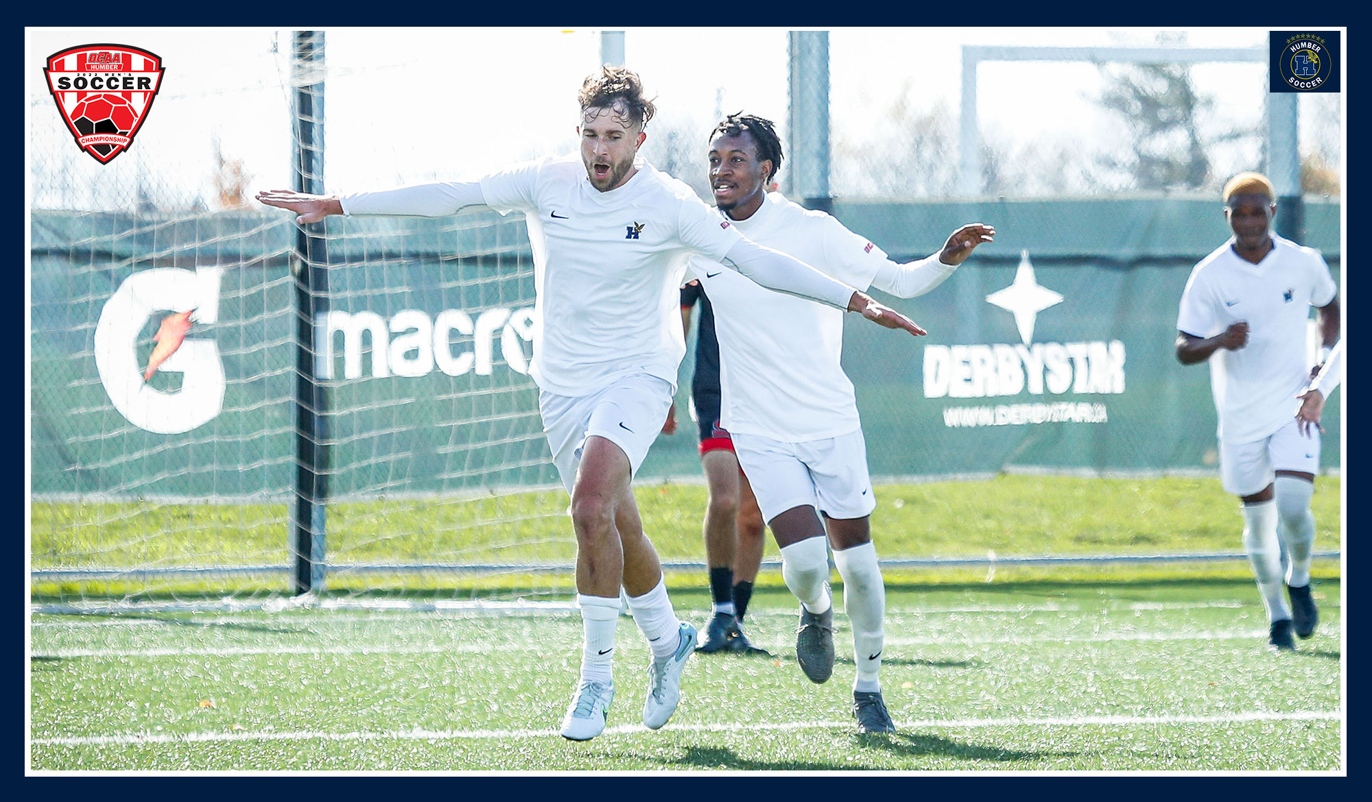 Alex Meczarski and Kadell Thomas celebrating a goal