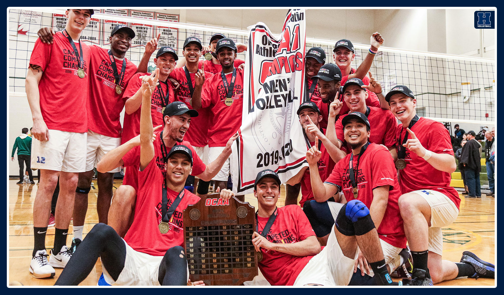 Men's volleyball celebrating their 2020 OCAA championship