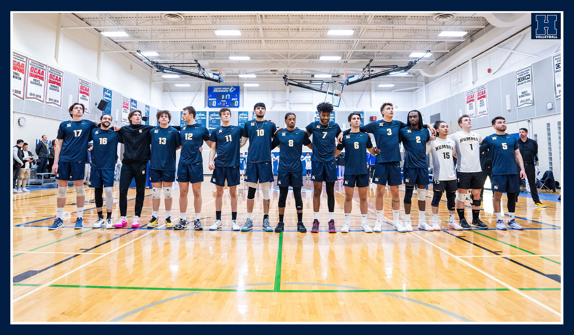 Men's volleyball lining up for the anthem