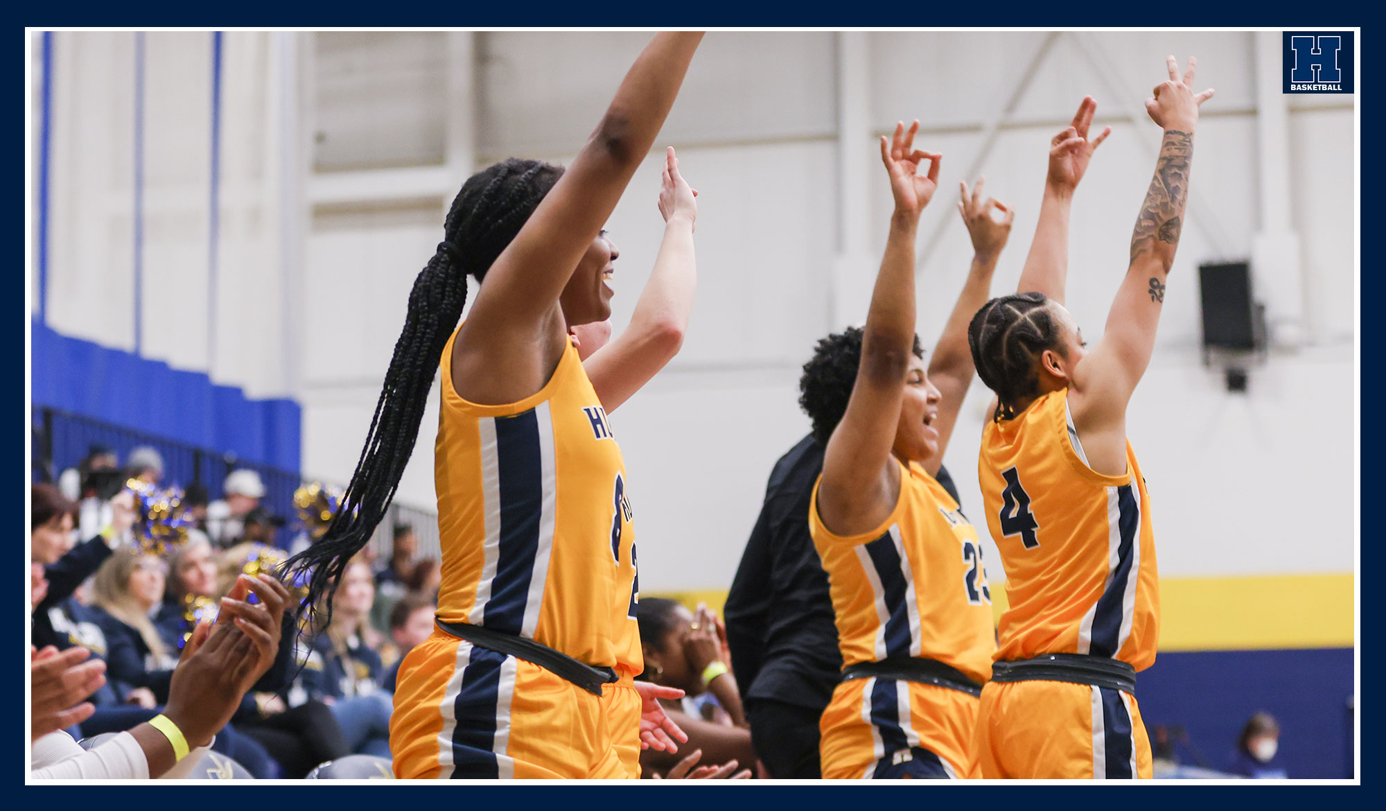 Humber bench celebrating a three pointer