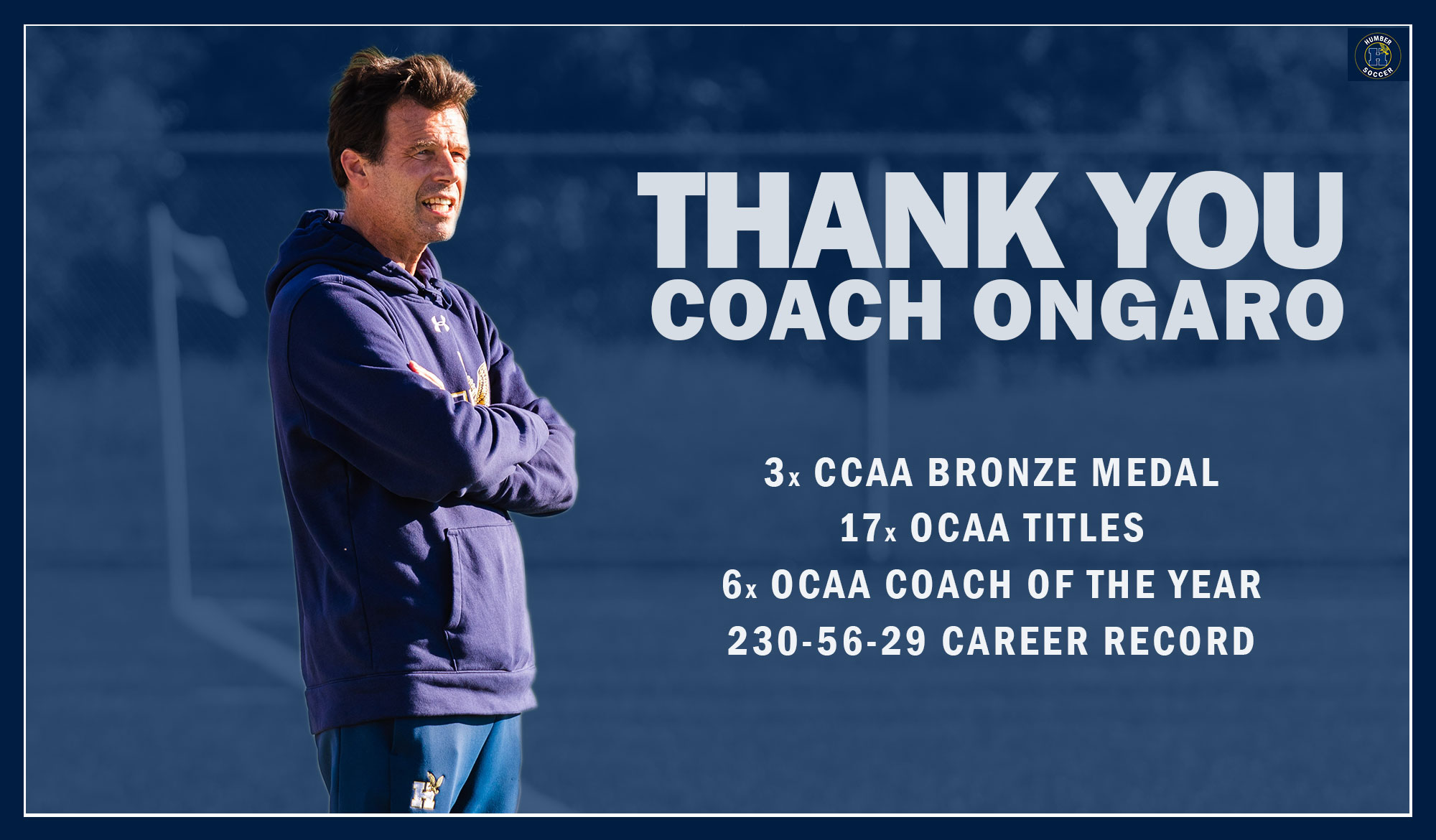 Thank you, Coach Ongaro

3x CCAA Bronze Medal
17x OCAA Titles
6x OCAA Coach of the Year
230-56-29 Career Record