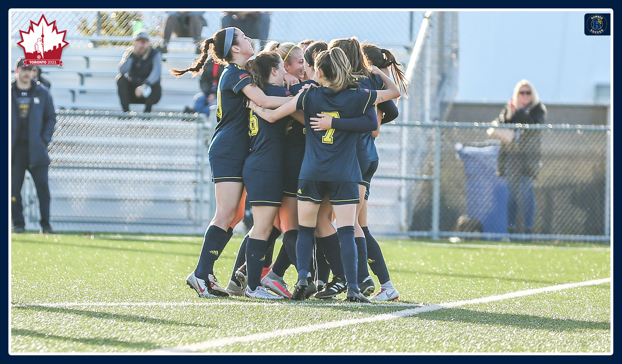 Women's soccer celebrates a goal against SAIT