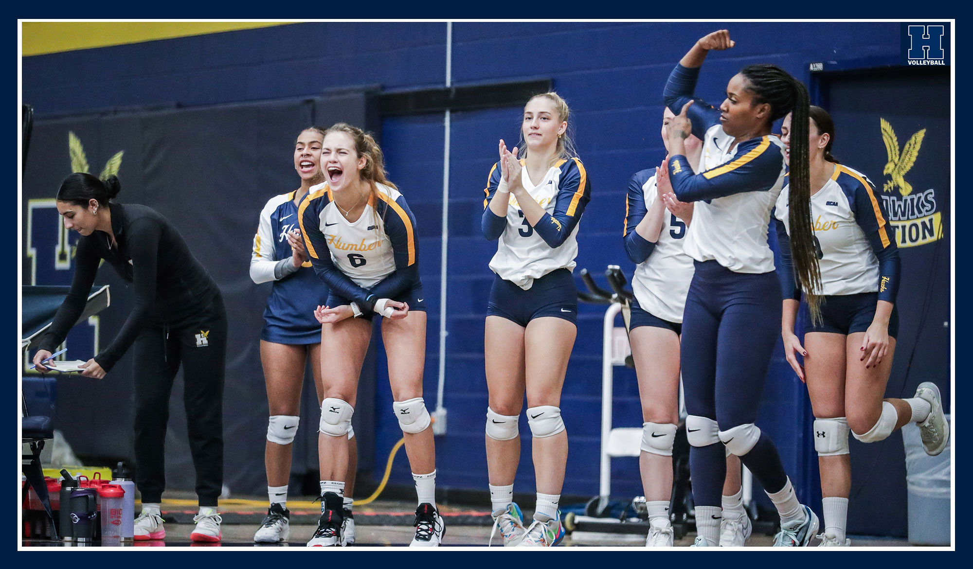 Women's volleyball celebrating a point